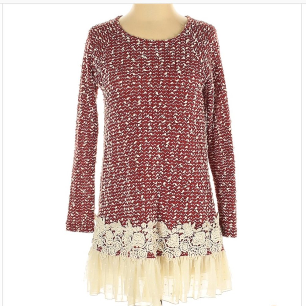 Red and Ivory Pull Over Sweater Floral Tulle Hem
